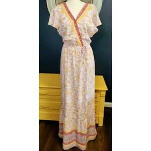 Maxi Dress Women's Size Large Floral Tiered Rayon Pink Yellow Boho Peasant Beach
